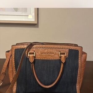 Michael Kors Selma satchel bag in dark denim with crocodile leather trim
